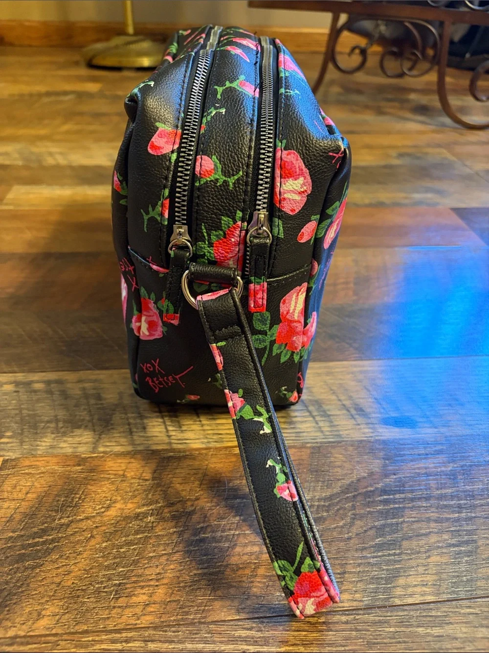 Betsey Johnson Black Cosmetic Pouch with Pink Floral Print